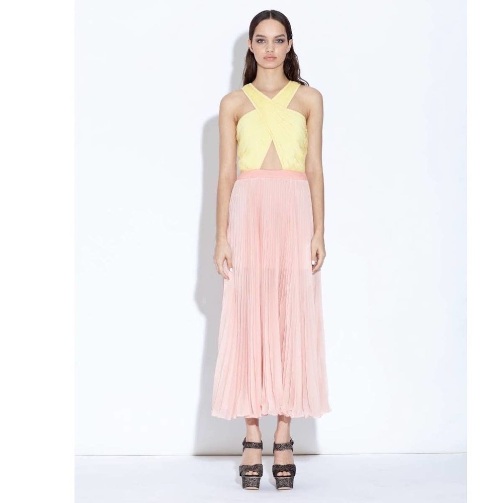 Three Floor dress cross my heart midi pleated yellow and pink size medium
